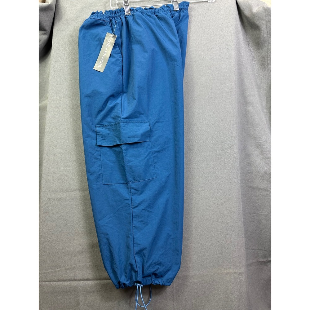 Zoe + Phoebe Blue Nylon Cargo‎ Pants Elastic Waist Bungee Hem Womens Large NWT